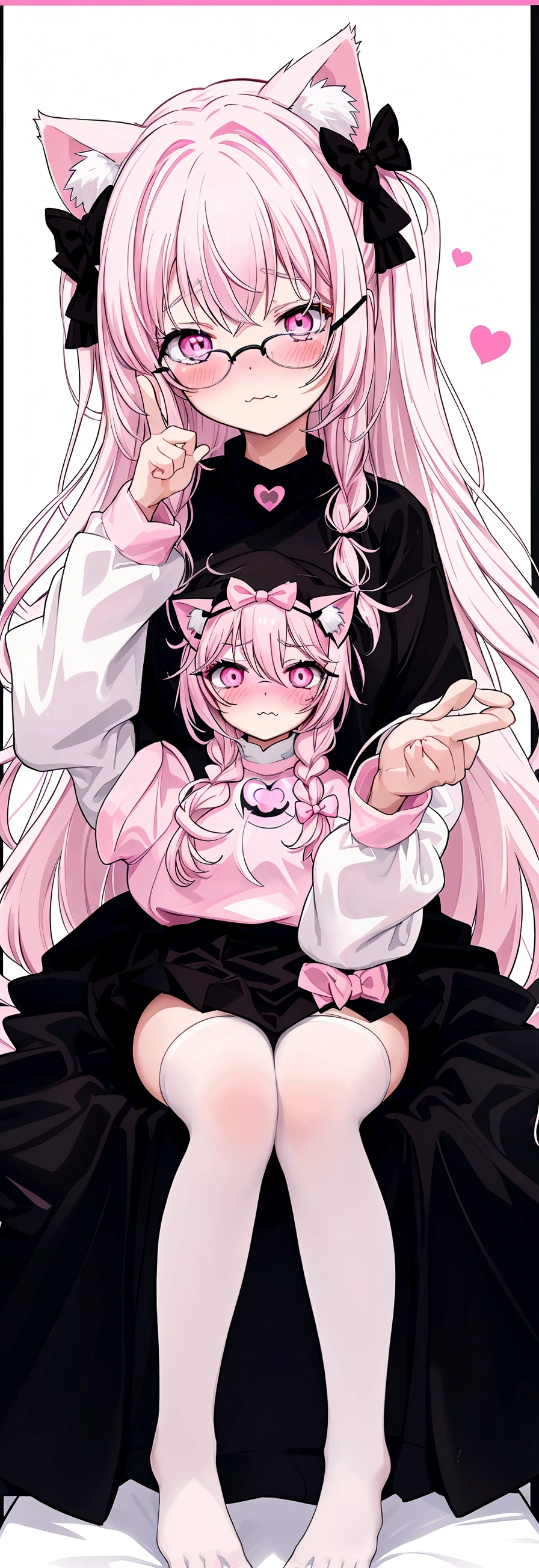 I have white pink hair, cat ears, a bow, my face is super blushing, black glasses, pink heart eyes, a big pink sweatshirt, a black skirt, black stockings, what&#39;s up, barefoot, a cat&#39;s tail, a girl Very shy