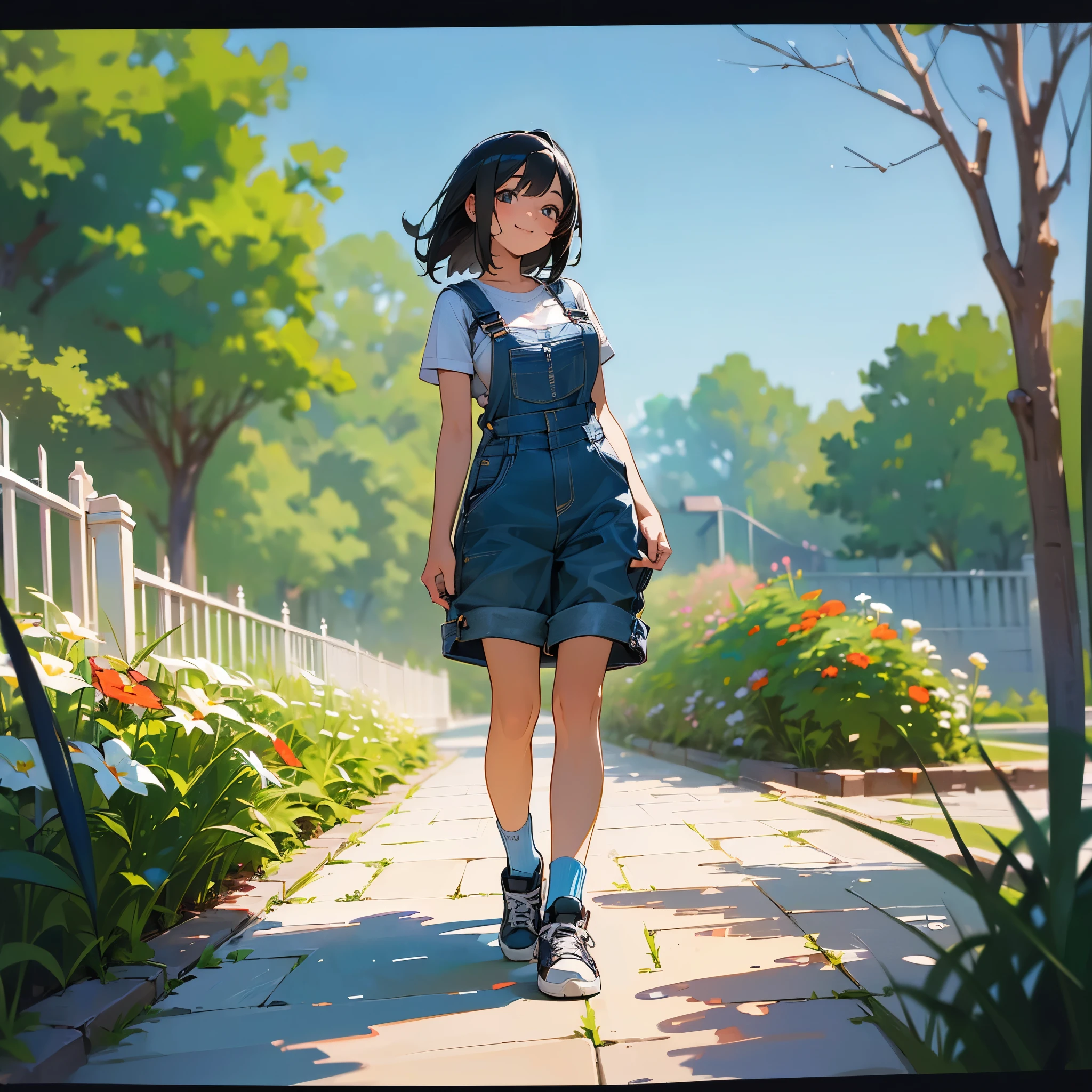 (high quality, High resolution, Very detailed, reality:1.37), Peaceful atmosphere, (Outdoor, garden), Teenage girl standing alone, (my breasts are big.), Beautiful details, Cute Smile, (Black bob hair), Short sleeve shirt, Overalls, Blue socks, sneakers.