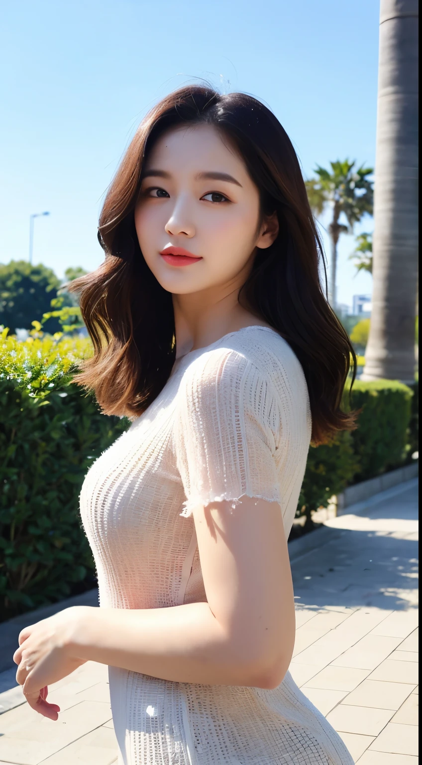 (Highly detailed body,Highly detailed face,Best quality at best:1.2) ,A woman who is,Professional Dress,Park in the background,Bright light