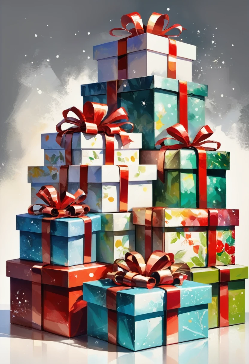 Christmas gift boxes stacked,Colored painting,HD,White background,8K,超HD画质,Masterpiece,Natural texture,Elegant and clear lines,