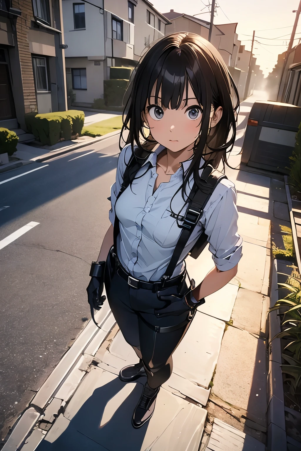 high quality, masterpiece, Ultra-high resolution, (realism: 1.4), Oil painting style, Cinema Lighting, An endless grassland dotted with a few houses, I stood on the empty asphalt road and looked at it., Fairy Mountain々was shrouded in mist, And the suspenders with the cranes flying　　　Moderate breasts　 　 　　　　Small face　 　　　holster　　　　　　　 Lying in bed　Looking up　　　　Sweat 　　　belt　summer　脇Sweat 　Black Hole Gloves　suit　shirt　　Black jacket　 Black trousers　Leg Links　ズボンにbelt　　holster　 　　Hands behind your back　 Anxious expression　Looking up　Anxious face profile　Iron on the wrist　Chain on wrist　Handcuffs on wrists