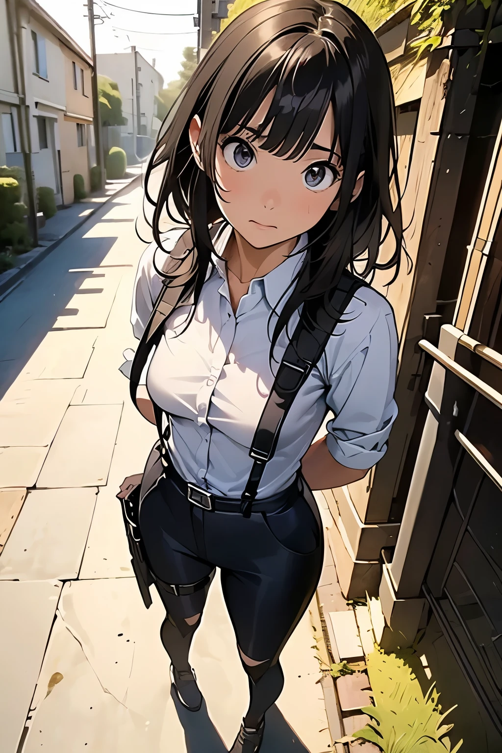 high quality, masterpiece, Ultra-high resolution, (realism: 1.4), Oil painting style, Cinema Lighting, An endless grassland dotted with a few houses, I stood on the empty asphalt road and looked at it., Fairy Mountain々was shrouded in mist, And the suspenders with the cranes flying　　　Moderate breasts　 　 　　　　Small face　 　　　holster　　　　　　　 Lying in bed　Looking up　　　　Sweat 　　　belt　summer　脇Sweat 　Black Hole Gloves　suit　shirt　　Black jacket　 Black trousers　Leg Links　ズボンにbelt　　holster　 　　Hands behind your back　 Anxious expression　Looking up　Anxious face profile　Iron on the wrist　Chain on wrist　Handcuffs on wrists