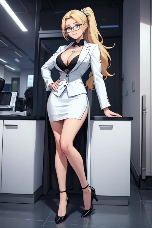 female, blonde long hair in ponytail, blue eyes, (((1girl))), (((white business suit))), (black dress shirt), (white pencil skirt), (black stockings), (white heels), (glasses), cute and sexy, full body, modest breasts, long legs, smiling, slight cleavage