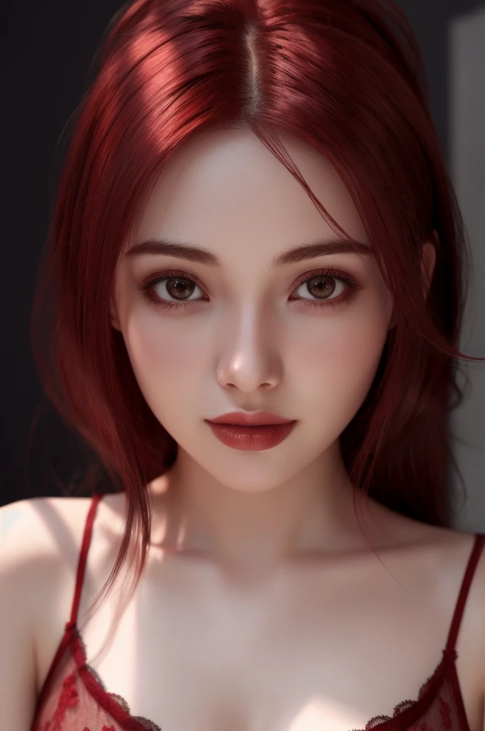 1girl, star eye, blush, perfect illumination, red hair, red eyes, unreal engine, sidelighting, detailed face, bangs, bright skin, simple background, dark background, lingerie