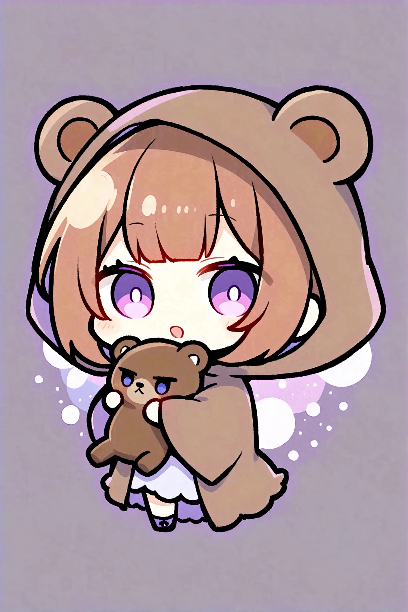 bangs bangs、Bangs、Crisp bangs、long brown hair、Wearing a dark brown bear hood、茶髪ロングのChibi Character、Wearing a dark brown bear ear hooded blanket、Purple Eyes、Purple betta background、Chibi Character、Holding a teddy bear