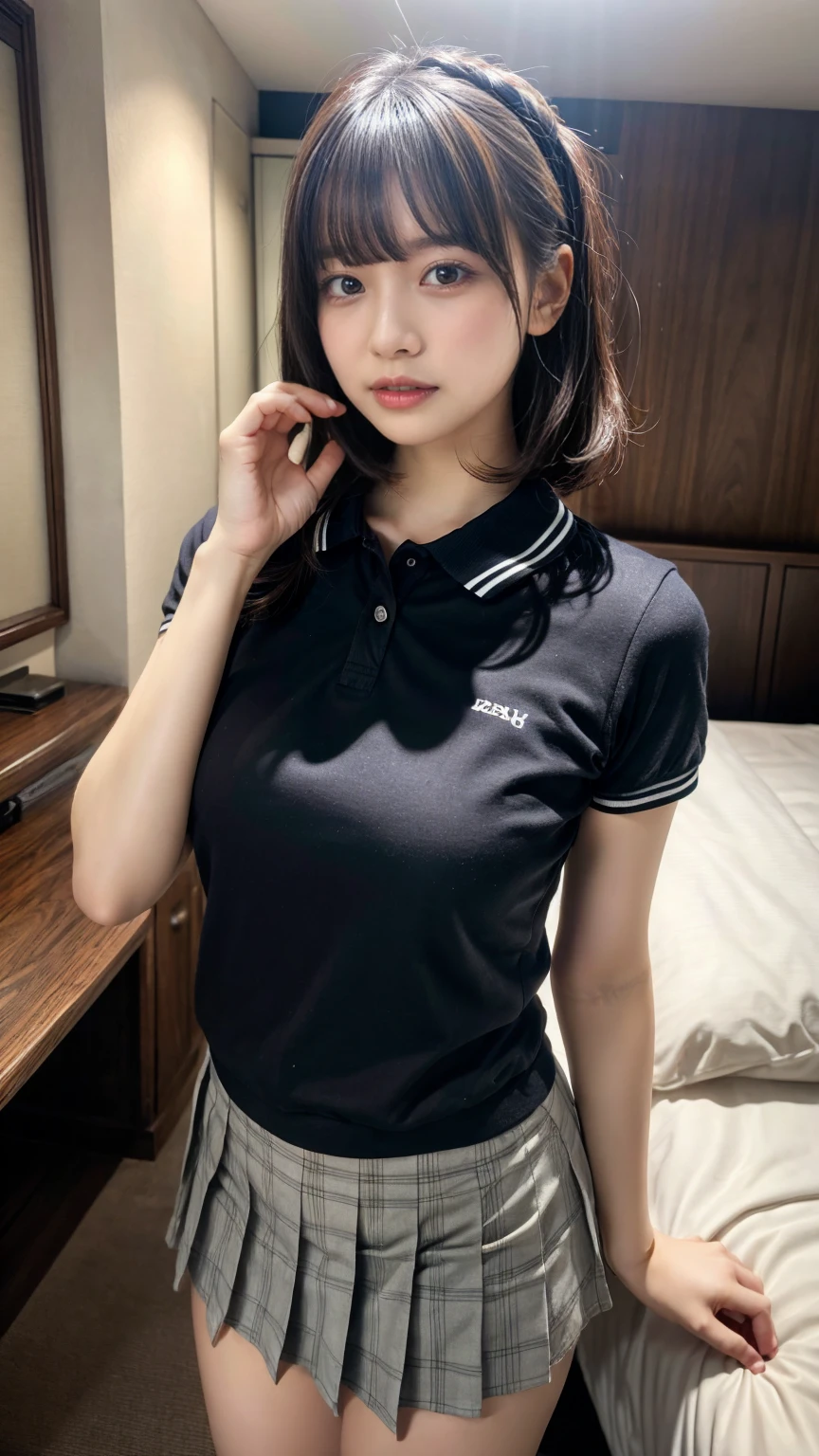 (Surrealism), (illustration), (high resolution), (8K), (Extremely detailed), (best illustration), (美丽而精致的Eye), (best quality), (Very detailed), (masterpiece), ( wallpaper), (Delicate face), solitary, 1 girl, White curly hair, Korean, Heterochromic Eyes, Eye下面有一颗小痣,, Large Breasts, Long legs, Tight abdominal muscles, Camel toe, Dynamic poses, High school girl, Ms. Boyish, Gravure printing, Sexy, (Black shirt:1.21), (Black short-sleeved sports polo shirt:1.6), (Navy blue pleated skirt:1.21), (By the vast summer pool:1.37), Perfect composition, ((Realistic perfect circle deep black super ridiculous details_Eye: 1.3, Extreme quality and resolution)), (Pale), ((Ultra-realistic sharp Eye, Obvious absurd quality, Not blurry,)), ((Fine pupils:1.4)), (Perfect makeup:1.35), ((Ultra-detailed symmetrical lips:1.3)), ((V-shaped jaw)), (Light glossy red_Lipstick:1.35), ((Super absurd realism long details_blue_eyelash: 1.25 Super Ridiculous Quality)), ((Perfect Dark_Eyehadows:1.45)), (Extremely detailed, Beautiful little nose:1.2), (Perfect composition), ((Pale skin:1.28)), ((Dry skin)), (flat chest), (Slim lower body), (Short hair handsome:1.37),