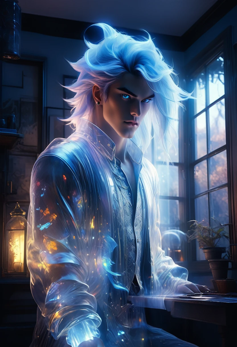 full view of a gorgeous anime male beautifulsensual,25 years old, blue pastel eyes, white wisp silky long hair pulled up, freckles, piercings and tattoo foil masterpiece neon body art, drawing on a high tech glass draft drawing table, with blue print works of luxury apartments strewn about, a ghostly, solid white whispy, smokey phantom ghoul of a handsome male stands near perfect composition of a beautiful large bay window, a garden is in view out the window, the sun shines within a gorgeous cottage structure image in 32k resolution. The scene is illuminated by an alluring backlight and a light-blue ambient light, which cast a breathtaking glow on a crystal and glass structure, that appears to be a piece of transparent, 3D, sci-fi technology.setting, glass texture, super reflective, 32 k, unreal engine 5, hyperrealistc,
This technology exhibits intricate details and is super reflective. An anime-inspired high-textured glass, ultra-quality matte, yet radiates neon light. The overall image has deeply saturated complementary colors, adding a fantastical element to the overall concept art. This entire set-up appears to be an engaging splash screen for a trending Unreal Engine game. Please make this as detailed and photorealistic as possible, akin to a high-quality matte painting.
detailed intricate insanely detailed, octane render trending on artstation, 32 k artistic photography, photorealistic concept art, soft natural volumetric cinematic perfect light, chiaroscuro,