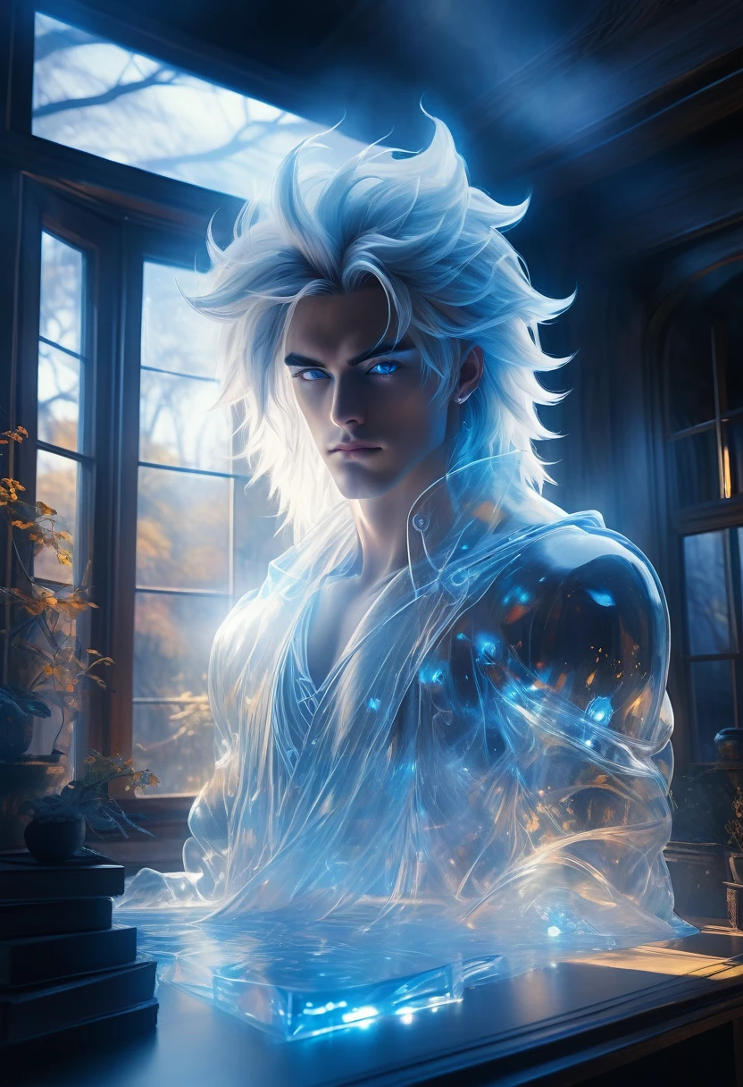 full view of a gorgeous anime male beautifulsensual,25 years old, blue pastel eyes, white wisp silky long hair pulled up, freckles, piercings and tattoo foil masterpiece neon body art, drawing on a high tech glass draft drawing table, with blue print works of luxury apartments strewn about, a ghostly, solid white whispy, smokey phantom ghoul of a handsome male stands near perfect composition of a beautiful large bay window, a garden is in view out the window, the sun shines within a gorgeous cottage structure image in 32k resolution. The scene is illuminated by an alluring backlight and a light-blue ambient light, which cast a breathtaking glow on a crystal and glass structure, that appears to be a piece of transparent, 3D, sci-fi technology.setting, glass texture, super reflective, 32 k, unreal engine 5, hyperrealistc,
This technology exhibits intricate details and is super reflective. An anime-inspired high-textured glass, ultra-quality matte, yet radiates neon light. The overall image has deeply saturated complementary colors, adding a fantastical element to the overall concept art. This entire set-up appears to be an engaging splash screen for a trending Unreal Engine game. Please make this as detailed and photorealistic as possible, akin to a high-quality matte painting.
detailed intricate insanely detailed, octane render trending on artstation, 32 k artistic photography, photorealistic concept art, soft natural volumetric cinematic perfect light, chiaroscuro,