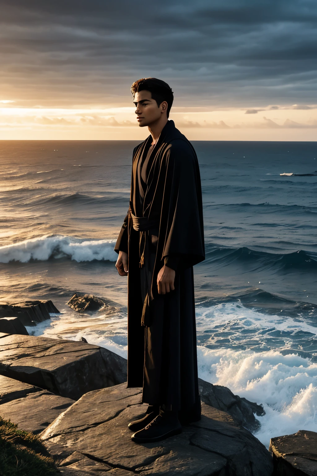 Imagine a young man with a mesmerizing and melancholic appearance.., He was wearing a long, dark robe that slightly blew in the breeze.. He stood on a rocky cliff., with a rough sea stretching far below and the cloudy sky turns golden as the sun sets.. His gaze disappeared into the distance., By expressing thoughts and desires.. In his hand he held an old poetry book., A symbol of his connection to literature and the profound emotions that surround him.