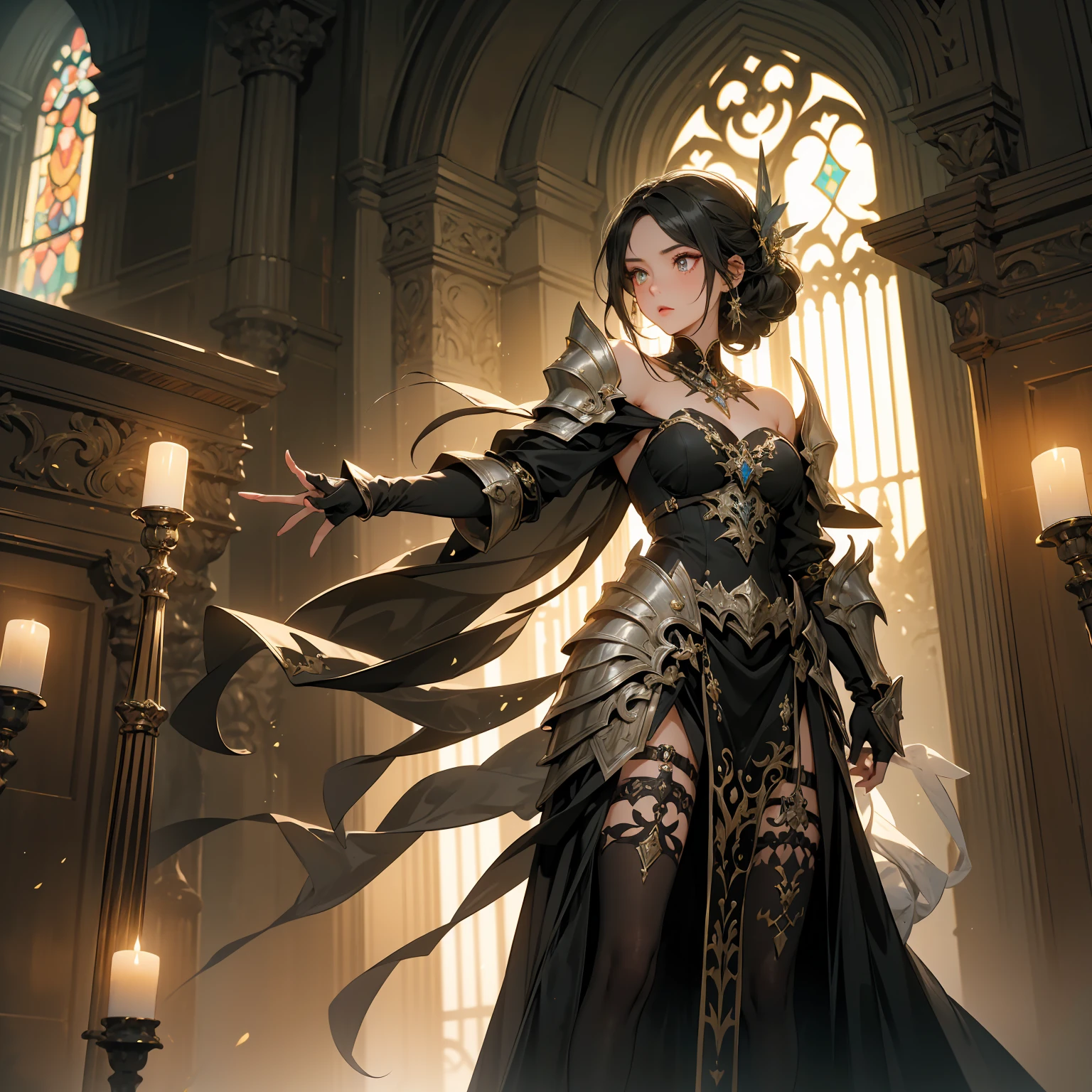 A breathtaking artwork of a female character of unimaginable beauty, set in a dark and opulent environment. The full-body view reveals an impressive figure, exuding an aura of power and mystery. She wears black and gold clothes, radiating a luxurious darkness. Her armor is detailed and characteristic, with intricate golden designs that shimmer in the dim light. Ornate shoulder pads protect her shoulders, and the armor perfectly molds to her body, accentuating her formidable presence. Her long black hair flows like a river of darkness, contrasting with her mesmerizing scarlet eyes. Her beauty is almost supernatural, a perfect blend of grace and menace. She wields a cursed blade that seems to pulse with malevolent energy, enhancing her aura of danger. The setting around her is a gothic and luxurious environment, with dark arches and stained glass windows that filter a supernatural light. In the background, candles flicker, casting dancing shadows on the intricately carved stone walls. It is a place that blends elegance and terror, perfectly reflecting the essence of the character.