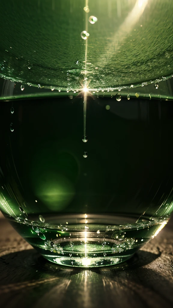 World map in green color as the background of picture and water bubble droplets as foreground. The bubble droplets are clear and they reflect the light in a way that makes them sparkle. The overall effect is very calming and peaceful.