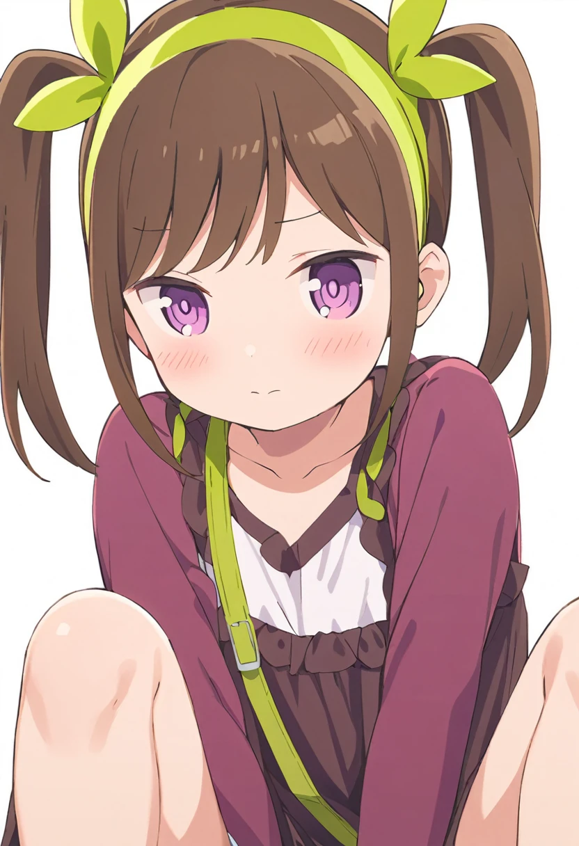 futaba,1girl,solo, brown hair, hairband, purple eyes, blush,looking at viewer, closed mouth, bangs, dress, green hairband,dress,twintails, white background, sitting, knees up, panties