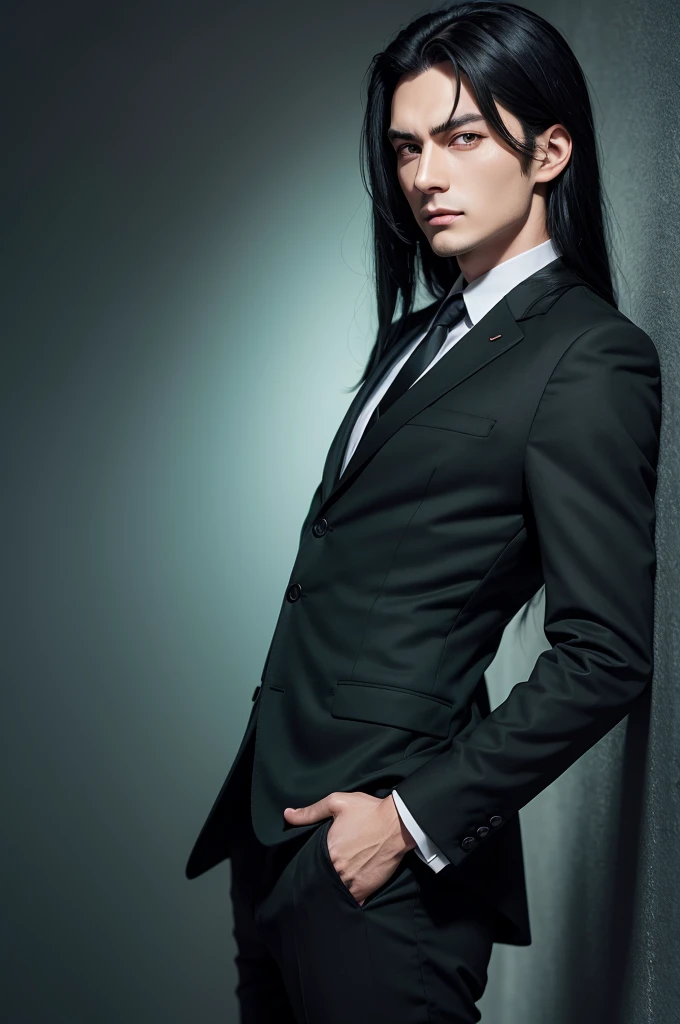 Boy Shiryu long black hair Green eyes Business clothes Black background