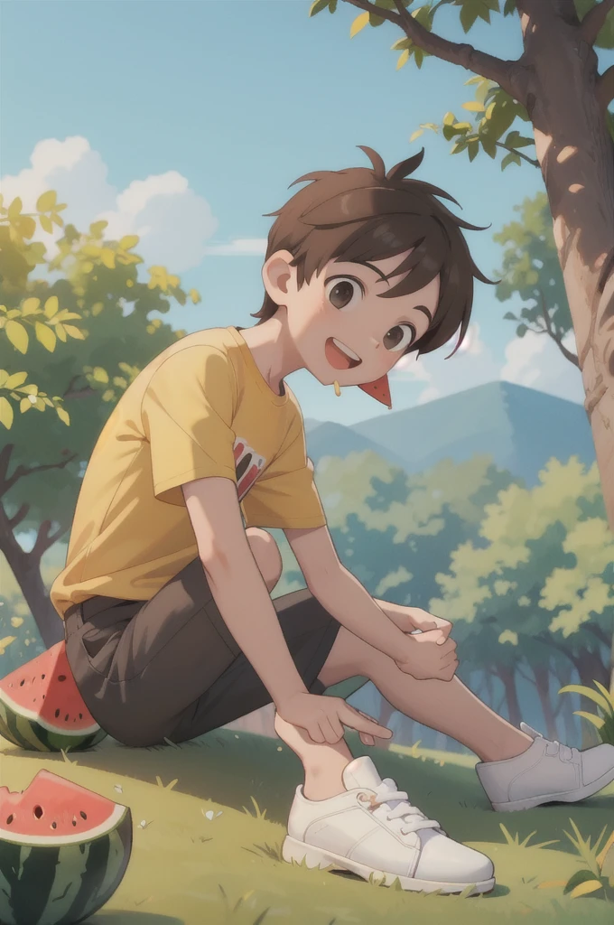 masterpiece,best quality,ruit,1boy,solo,eating,holding watermelon,male focus,brown hair,yellow shirt,pants,holding,open mouth,sitting ground,smile,short sleeves,white footwear,sky,forest,dog,(more Cut Watermelon:1.1),