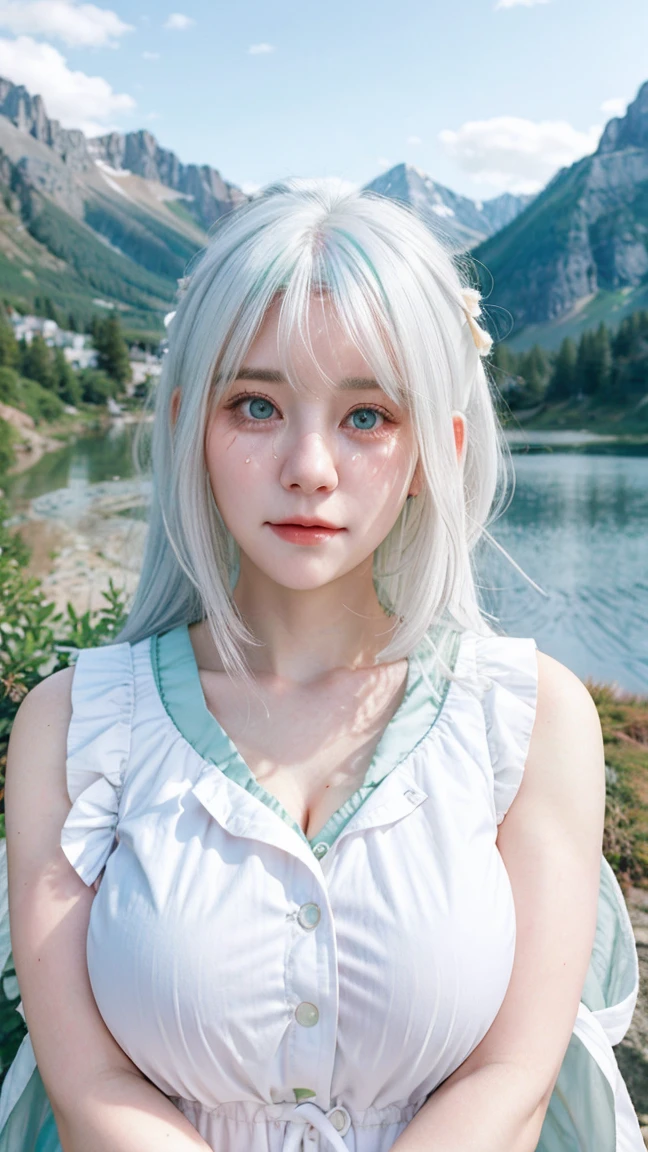 Beautiful Girl, Beautiful, Baby Face, 30 Years Old, White Skin, Big Breasts, ((Coatumes)), Pastel Colors, Green Eyes, Mountain valley background, Masterpiece, ((White hair)), Sleeveless, Front Fancing, ( (Portrait:1.1 )), ((Tear:1.2))