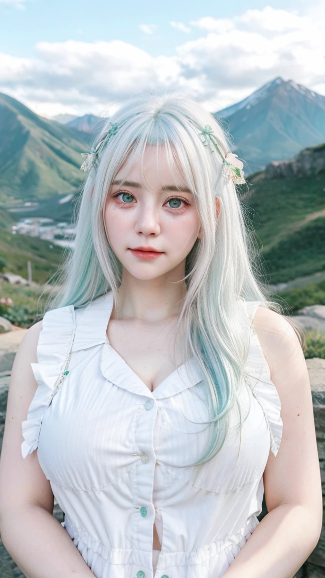 Beautiful Girl, Beautiful, , 30 Years Old, White Skin, Big Breasts, ((Coatumes)), Pastel Colors, Green Eyes, Mountain valley background, Masterpiece, ((White hair)), Sleeveless, Front Fancing, ( (Portrait:1.1 )), ((Tear:1.2))