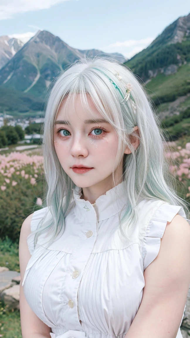 Beautiful Girl, Beautiful, Baby Face, 30 Years Old, White Skin, Big Breasts, ((Coatumes)), Pastel Colors, Green Eyes, Mountain valley background, Masterpiece, ((White hair)), Sleeveless, Front Fancing, ( (Portrait:1.1 )), ((Tear:1.2))