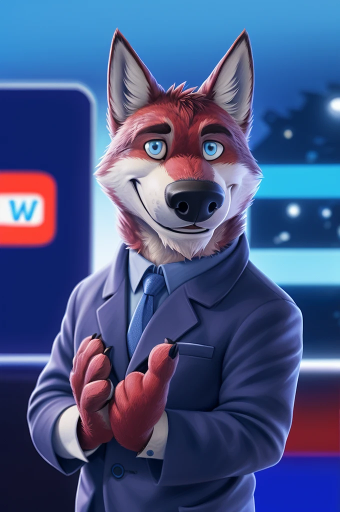 Ivan Fedorovich Wolfbach (Novosibirsk) ,tall handsome, wolf,young, 24 years, brown fur,Kind,(red body:1.3),beautiful blue eyes,Novosibirsk,dressed, Blue jacket, shirt, tie, blue pants, wolf, detailed fur, male,paw pads, finger claws,At the viewer, 5 fingers, paws, 5 fingers, smile, wrist watch, т nextel,by xenoforge, (difficult, high detail, digital photography, soft focus, RAW variety близко к камере, variety,Novosibirsk, smile, good mood, positive, Very close to the camera,presenter Moscow, TV channel Russia 1,lead photorealism, realistic, digital style, Subsurface scattering,looks at the squares, News studio, a good mood, funny,
masterpiece, Best quality, ultra realistic, 8 thousand.)