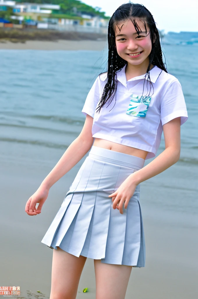 Highest quality, Ultra-high resolution, Japanese , high school,16 years old ,small breasts, under a wet transparent white shirt , conversation, smile, beach, skirt lift