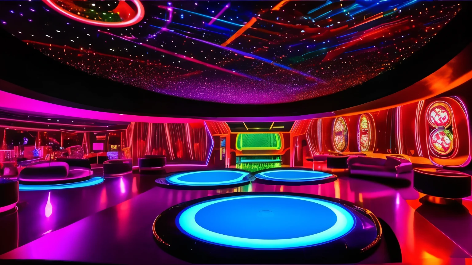 "Create a detailed 70s disco scene/80s in retro style, with mirror globes reflecting colored lights throughout the room. Huge speakers are strategically positioned, emanating a pulsating beat that fills the space with energy. Strobe lights flash to the beat of the music, creating a vibrant and electrifying atmosphere."