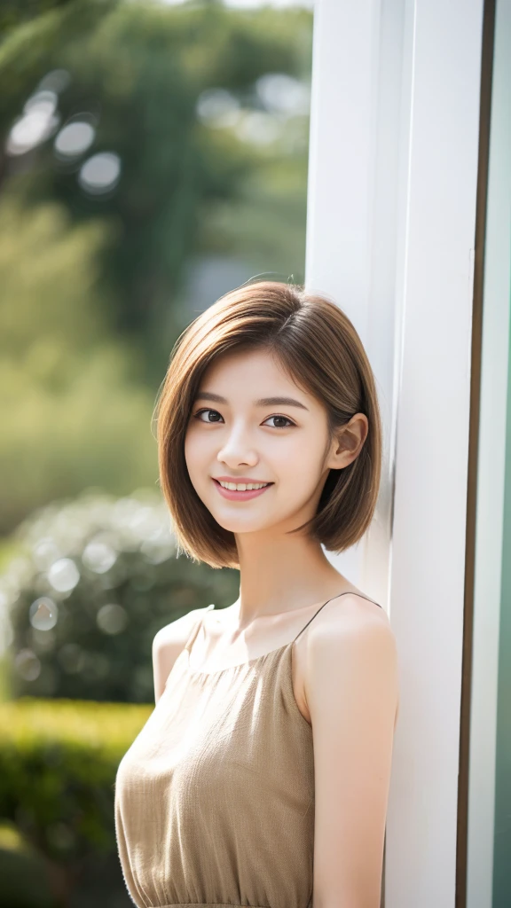 ((Best Quality, 8K, Masterpiece)), 1 Girl, Slim Abs Beauty, (Hairstyle Brown Hair Shortcut), casual Dress, Super Slender Face, Delicate Eyes, Double Eyelids, Smile, Home, Raw Photo