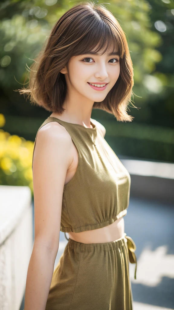 ((Best Quality, 8K, Masterpiece)), 1 Girl, Slim Abs Beauty, (Hairstyle Brown Hair Shortcut), casual Dress, Super Slender Face, Delicate Eyes, Double Eyelids, Smile, Home, Raw Photo