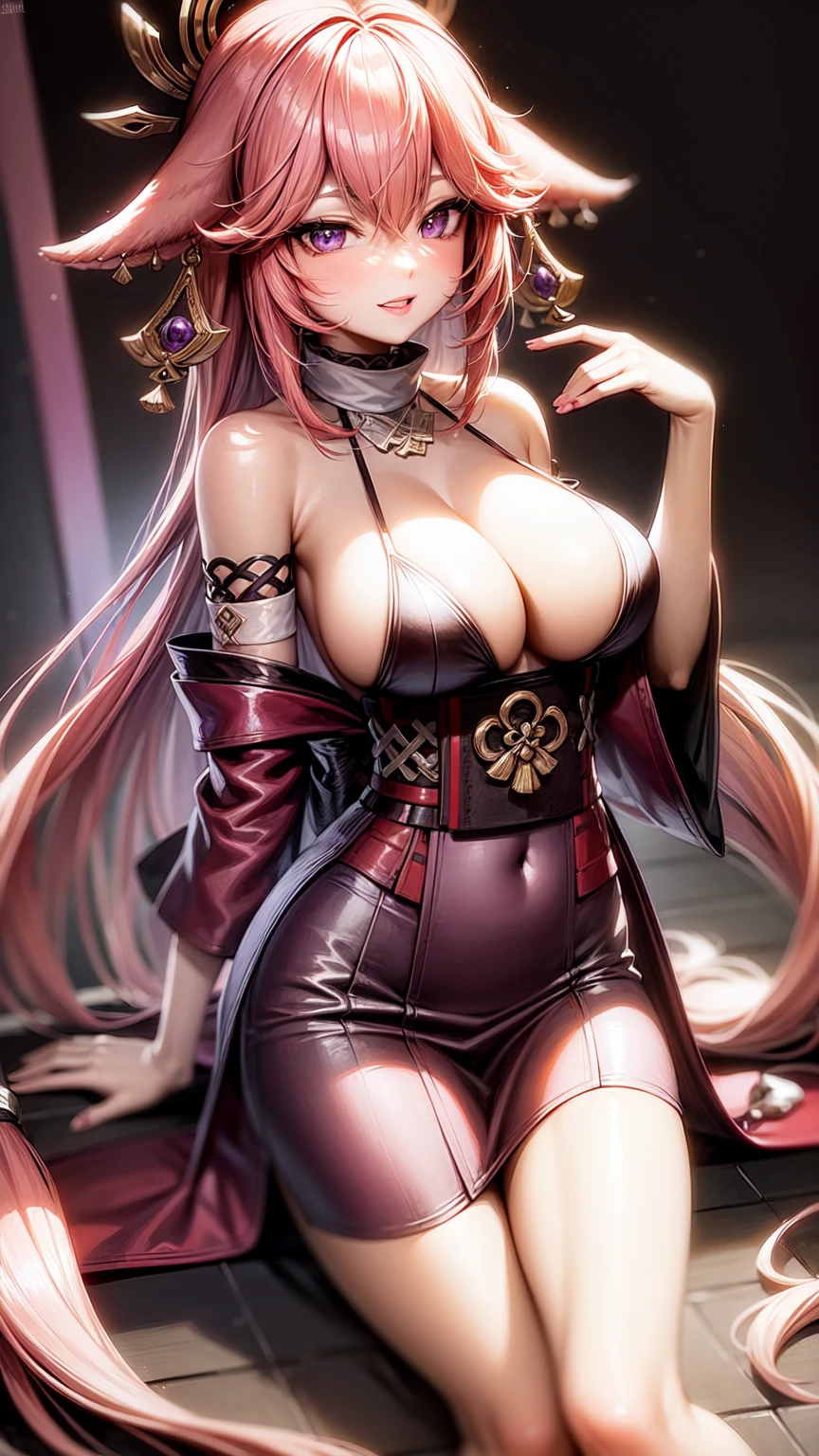 Yae Miko,purple eyes,kimono,neckline,seductive face