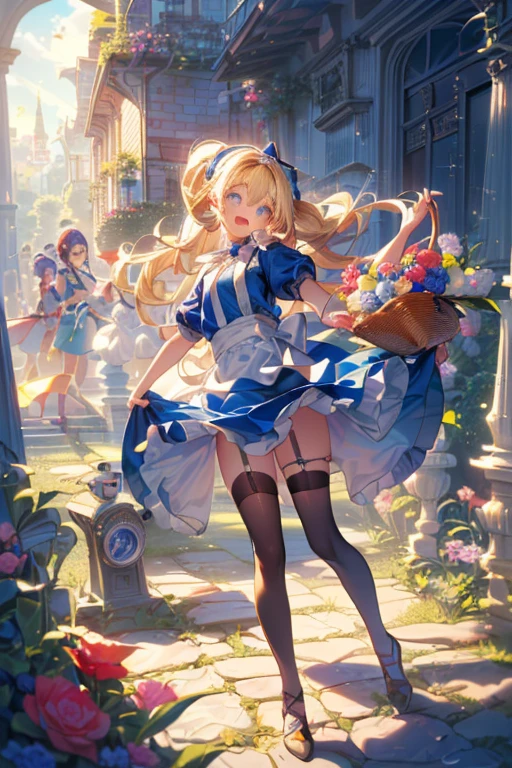 (perky chest:1.2), (pointed chest:1.2),(((Black Tunic:1.3))),(((cakes and bread in the basket),Cute and beautiful girl,Cute round face,Cute smile,with blush cheeks,Red Lip,a girl , nsfw:1.2, beautiful body:1.3), shinny skin, BREAK, ((alice in the wonderland:1.3, cute, kawaii, lovely, funny, a girl falling down from sky:1.3, girl flying in sky:1.4, girl floating in air:1.5, rolling upskirt by wind:1.6, (with sparkling eyes and a contagious smile),open mouth, Looking at Viewer, surprised, putting hands on crotch over the skirts:1.6)), BREAK, ((floating things as follows:1.3, PlayingCards, Trump, tea cup, tea pot, tea spoons, pocket watch:1.3, lip sticks, candies:1.2, cookies, jam bottles, classical door_keys)), ((long purply_Blue dress :1.5, wearing long flaired skirt:1.3, the skirt is blowing:1.3, cute pink Apron, black stocking:1.2,garter stocking, cleavage:1.2, midriff, black shorts, black thighhighs, thigh strap, medium long platinum-blonde hair:1.2, twin tail hair:1.6, tied hair with a large ribbon), (Blue eyes, bright pupils with highlights, detailed eyes), (lying down on your back:0.7, spreading legs with rising up straight:0.7), sexy posture, fantastic colorful art, (fantasy art:1.2, wondered images:1.2), ((correct anatomy:1.5, perfect anatomy:1.3, correct hand, small foot:1.2)),