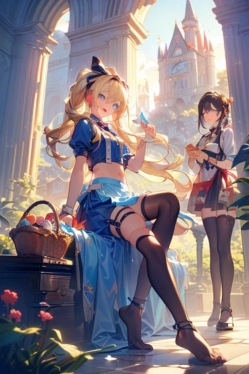 (perky chest:1.2), (pointed chest:1.2),(((Black Tunic:1.3))),(((cakes and bread in the basket),Cute and beautiful girl,Cute round face,Cute smile,with blush cheeks,Red Lip,a girl 17 years old, nsfw:1.2, beautiful body:1.3), shinny skin, BREAK, ((alice in the wonderland:1.3, cute, kawaii, lovely, funny, a girl falling down from sky:1.3, girl flying in sky:1.4, girl floating in air:1.5, rolling upskirt by wind:1.6, (with sparkling eyes and a contagious smile),open mouth, Looking at Viewer, surprised, putting hands on crotch over the skirts:1.6)), BREAK, ((floating things as follows:1.3, PlayingCards, Trump, tea cup, tea pot, tea spoons, pocket watch:1.3, lip sticks, candies:1.2, cookies, jam bottles, classical door_keys)), ((long purply_Blue dress :1.5, wearing long flaired skirt:1.3, the skirt is blowing:1.3, cute pink Apron, black stocking:1.2,garter stocking, cleavage:1.2, midriff, black shorts, black thighhighs, thigh strap, medium long platinum-blonde hair:1.2, twin tail hair:1.6, tied hair with a large ribbon), (Blue eyes, bright pupils with highlights, detailed eyes), (lying down on your back:0.7, spreading legs with rising up straight:0.7), sexy posture, fantastic colorful art, (fantasy art:1.2, wondered images:1.2), ((correct anatomy:1.5, perfect anatomy:1.3, correct hand, small foot:1.2)),

