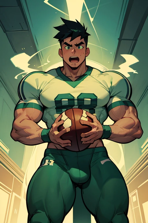 Danny Phantom, ghost, hypnosis, jock, conversion, high school hallway, hyper muscles, jockstrap, bro, meathead, hypnotized, brainwashed, brainwashing, big dumb jock, football. Danny Fenton is hypnotized by Dash to become another dumb football jock bro giving a student a wedgie. Glowing green eyes. Hyper crotch bulge. Massive bulging crotch. Big balls. Big biceps. Big triceps. Big traps. Broad shoulders. Big meaty pecs. Big thighs. Thick glutes. Football team assimilation. Deep dull voice. glazed expression. dumber and dumber. Open mouth. Clothes turning into a football uniform.