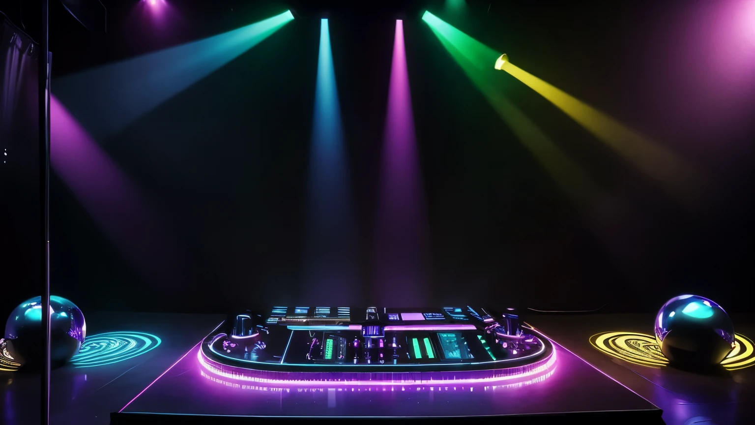 "Create a detailed 70s disco scene/80s in retro style, with mirror globes reflecting colored lights throughout the room. Huge speakers are strategically positioned, emanating a pulsating beat that fills the space with energy. Strobe lights flash to the beat of the music, creating a vibrant and electrifying atmosphere."

