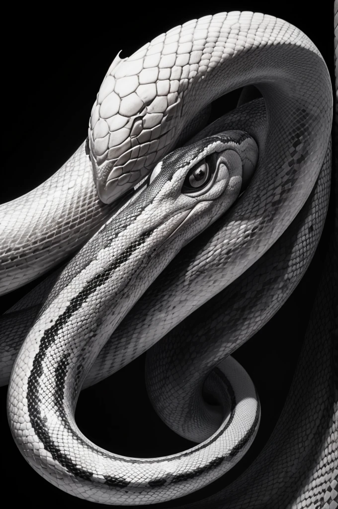 Create an illustration of a snake in black and white tones. The snake is positioned in a sinuous shape, with the head held high and the forked tongue slightly protruding. The details of the scales are well defined, giving a realistic look to the drawing. The top of the head has a light pattern that stands out against the darker body.. The image appears stylized, possibly intended for use in art or graphic design.