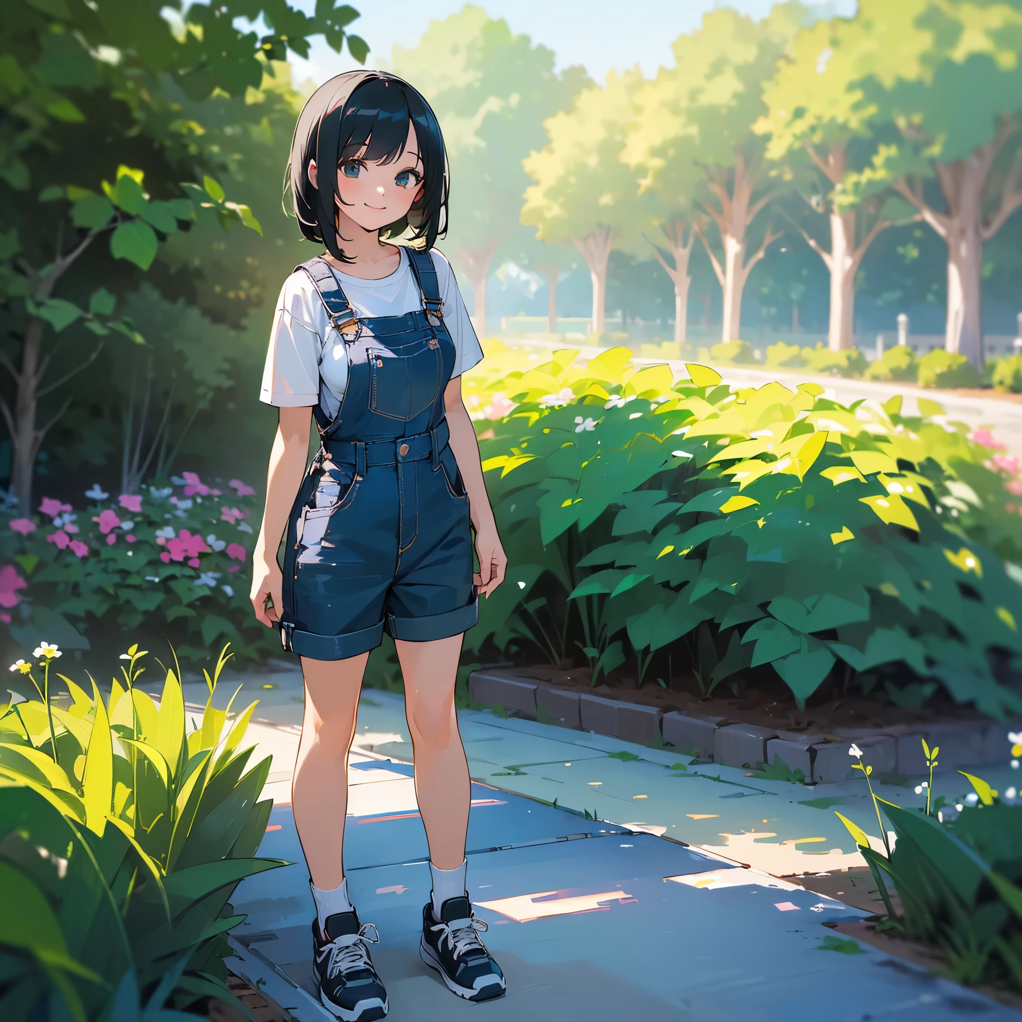 (high quality, High resolution, Very detailed, reality:1.37), Peaceful atmosphere, (Outdoor, garden), Teenage girl standing alone, (my breasts are big.), Beautiful details, Cute Smile, (Black bob hair), Short sleeve shirt, Overalls, Blue socks, sneakers.