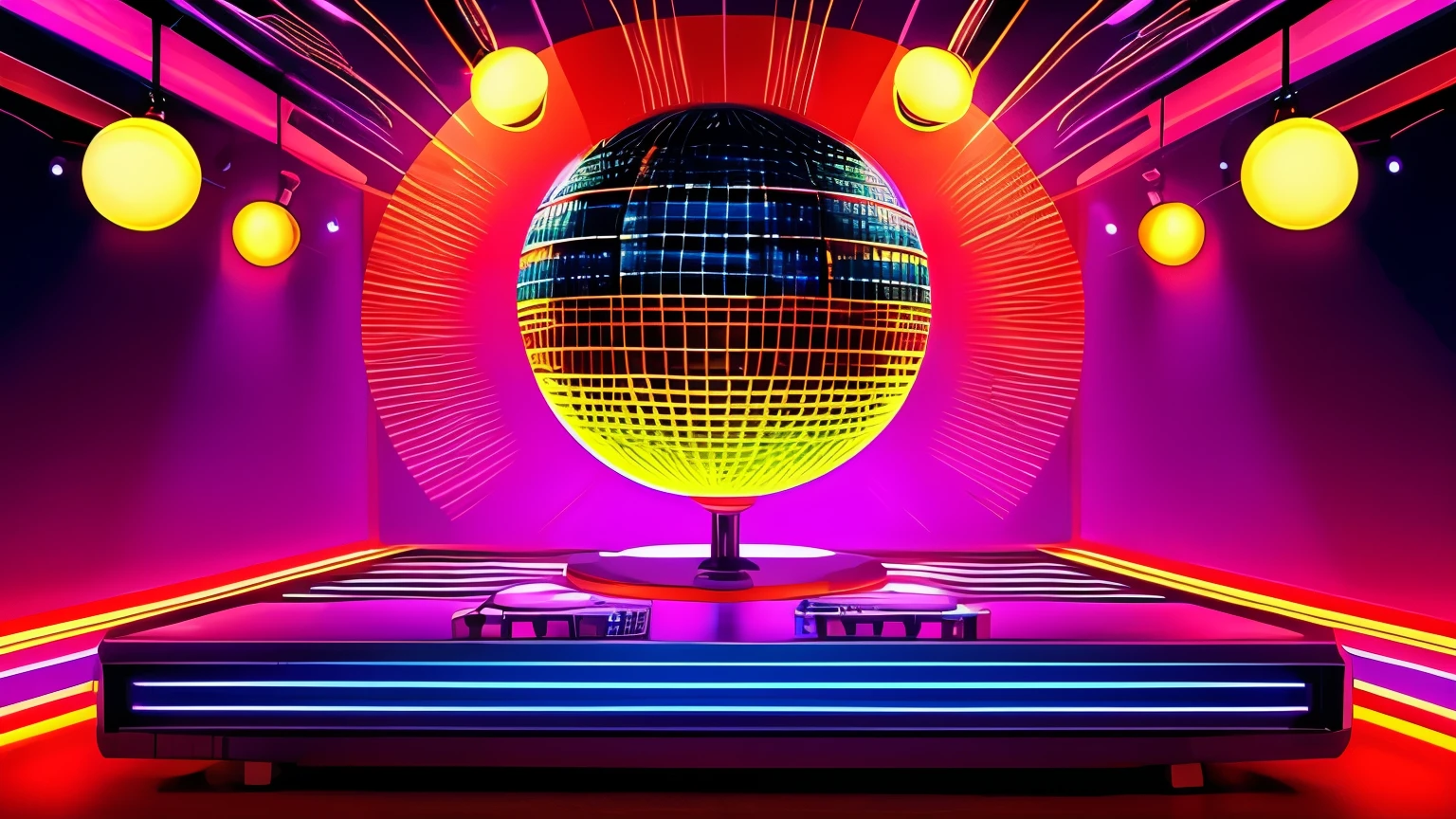 "Create a detailed 70s disco scene/80s in retro style, with mirror globes reflecting colored lights throughout the room. Huge speakers are strategically positioned, emanating a pulsating beat that fills the space with energy. Strobe lights flash to the beat of the music, creating a vibrant and electrifying atmosphere."

