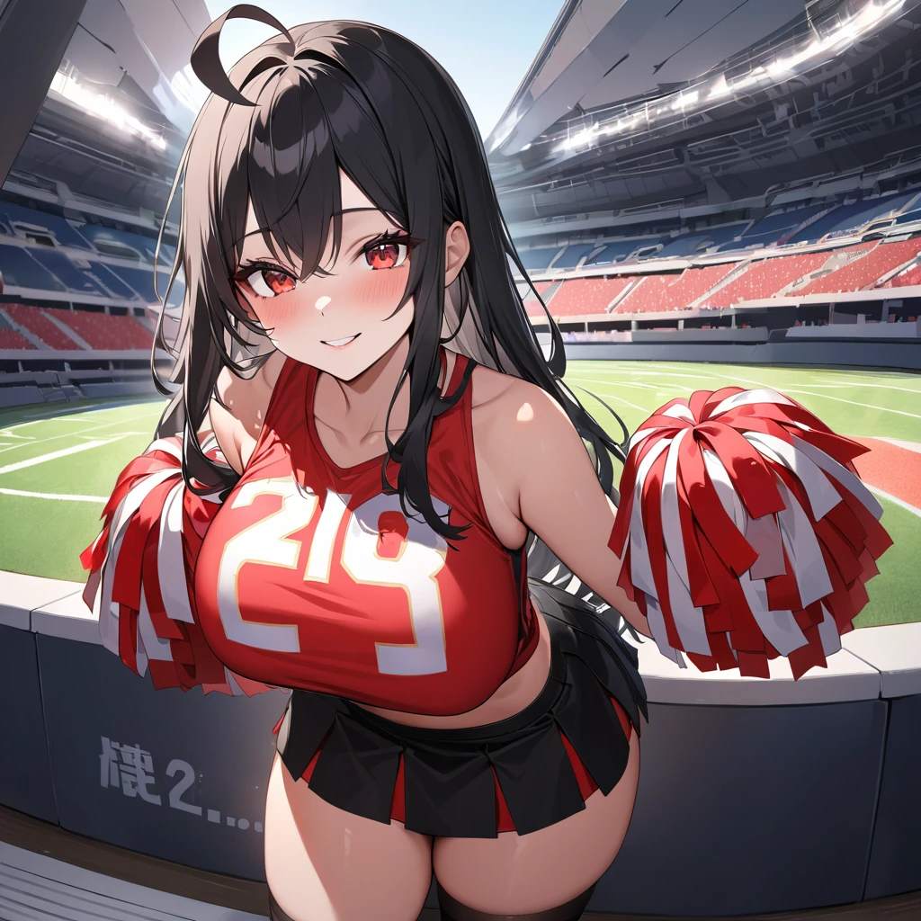 A woman wearing a red sports shirt, with a white number 20 on the shirt, black skirt, cheerleader style, long black socks, sports sneakers, with a pair of red materialized pompoms in her hands, big breasts, black hair, long hair, ahoge, Red eyes, smiling, in the stands of an American football stadium, standing,,UHD , prime work , accurate , anatomically correct , textured skin , super details , high quality , best quality, 8k, high resolution, bokeh effect. (woman alone)
