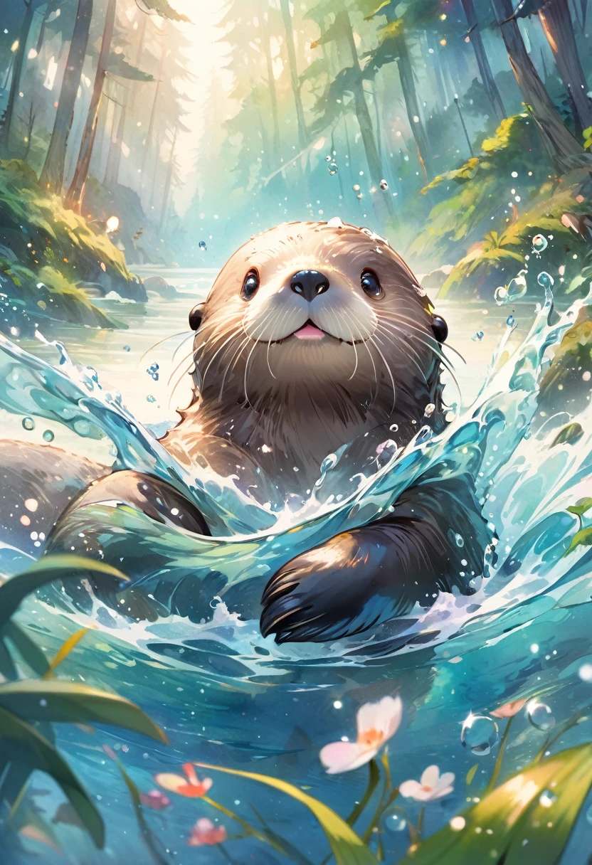 best quality, super fine, 16k, 2.5D, delicate and dynamic depiction, fusion of watercolors and oil paintings, cute sea otter with silly, funny face floating on the watersoft sparkling effects, cute illustration style, light pastel colors, portrait, forests, beautiful landscapes