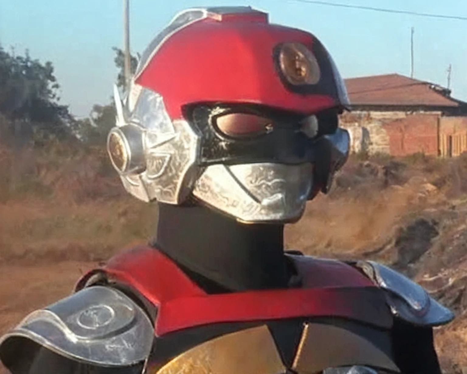 a close-up of a person wearing a red and silver costume, tokusatsu, covered in all-metal armor, kamen rider character, fourteen, high-tech red armor, kamen rider, robot metal armor, the secret seventh Power Ranger, Mazinger, kabuto, high fantasy kamen rider, zordon from Power Rangers, Power Ranger, visor over the face, chrome mask
