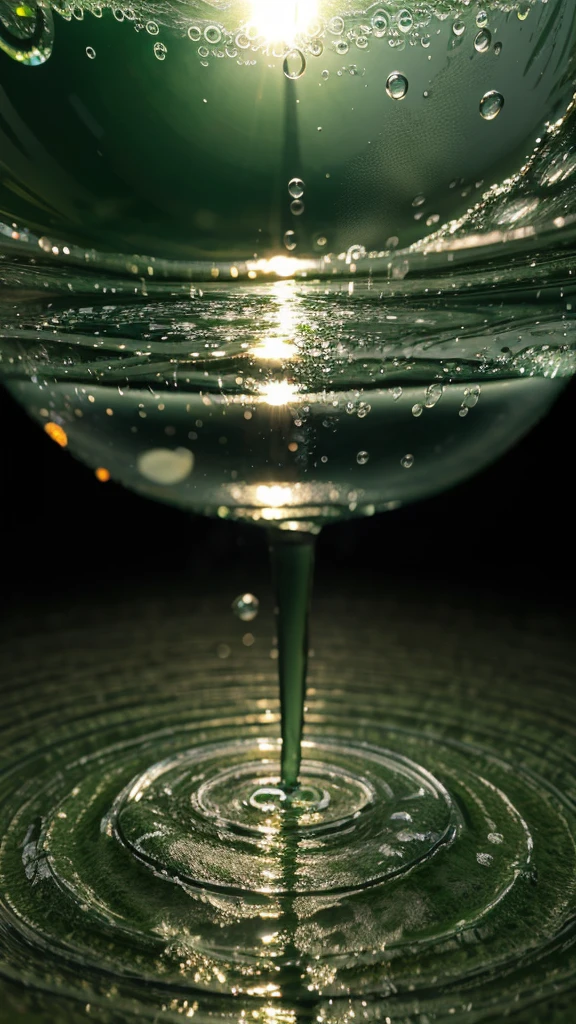 World map in green color as the background of picture and water bubble droplets as foreground. The bubble droplets are clea