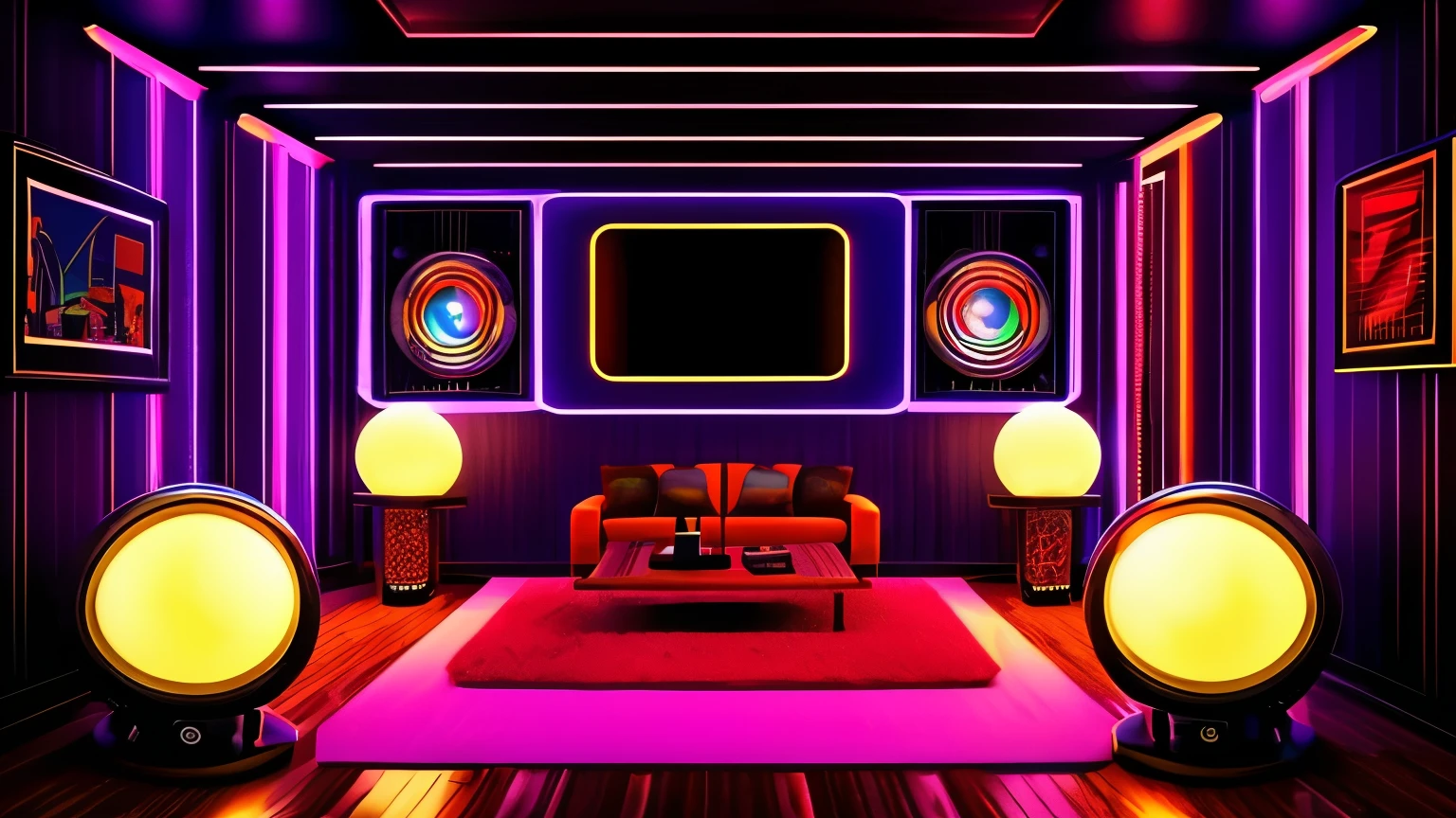 "Create a detailed 70s disco scene/80s in retro style, with mirror globes reflecting colored lights throughout the room. Huge speakers are strategically positioned, emanating a pulsating beat that fills the space with energy. Strobe lights flash to the beat of the music, creating a vibrant and electrifying atmosphere."

