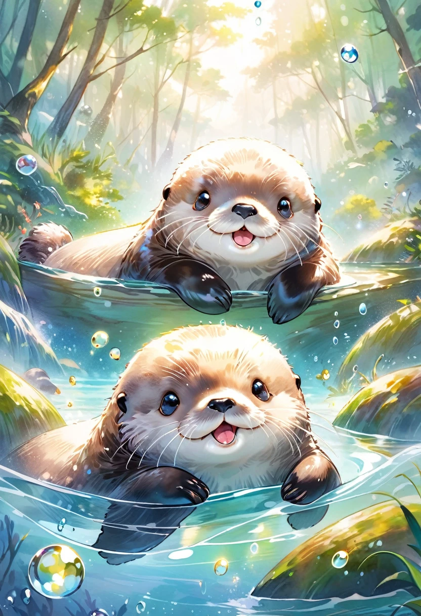 best quality, super fine, 16k, 2.5D, delicate and dynamic depiction, fusion of watercolors and oil paintings, cute sea otter with silly, funny face floating on the watersoft sparkling effects, cute illustration style, light pastel colors, portrait, forests, beautiful landscapes