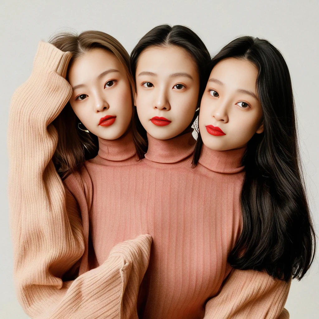 Best resolution, 2heads, young korean woman with three heads, red lipstick sweater turtleneck, different faces