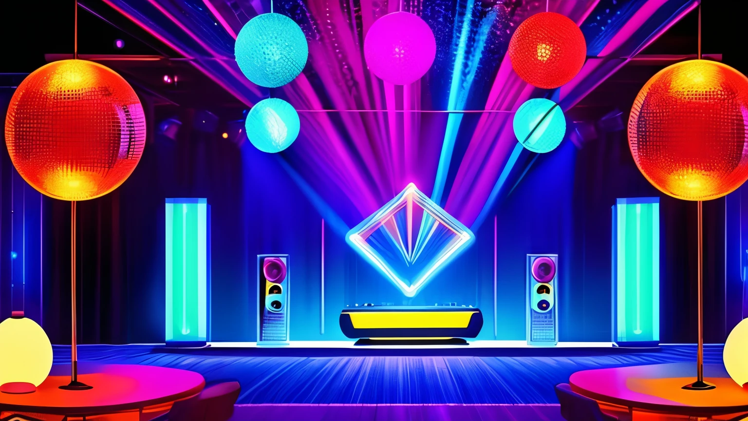 "Create a detailed 70s disco scene/80s in retro style, with mirror globes reflecting colored lights throughout the room. Huge speakers are strategically positioned, emanating a pulsating beat that fills the space with energy. Strobe lights flash to the beat of the music, creating a vibrant and electrifying atmosphere."

