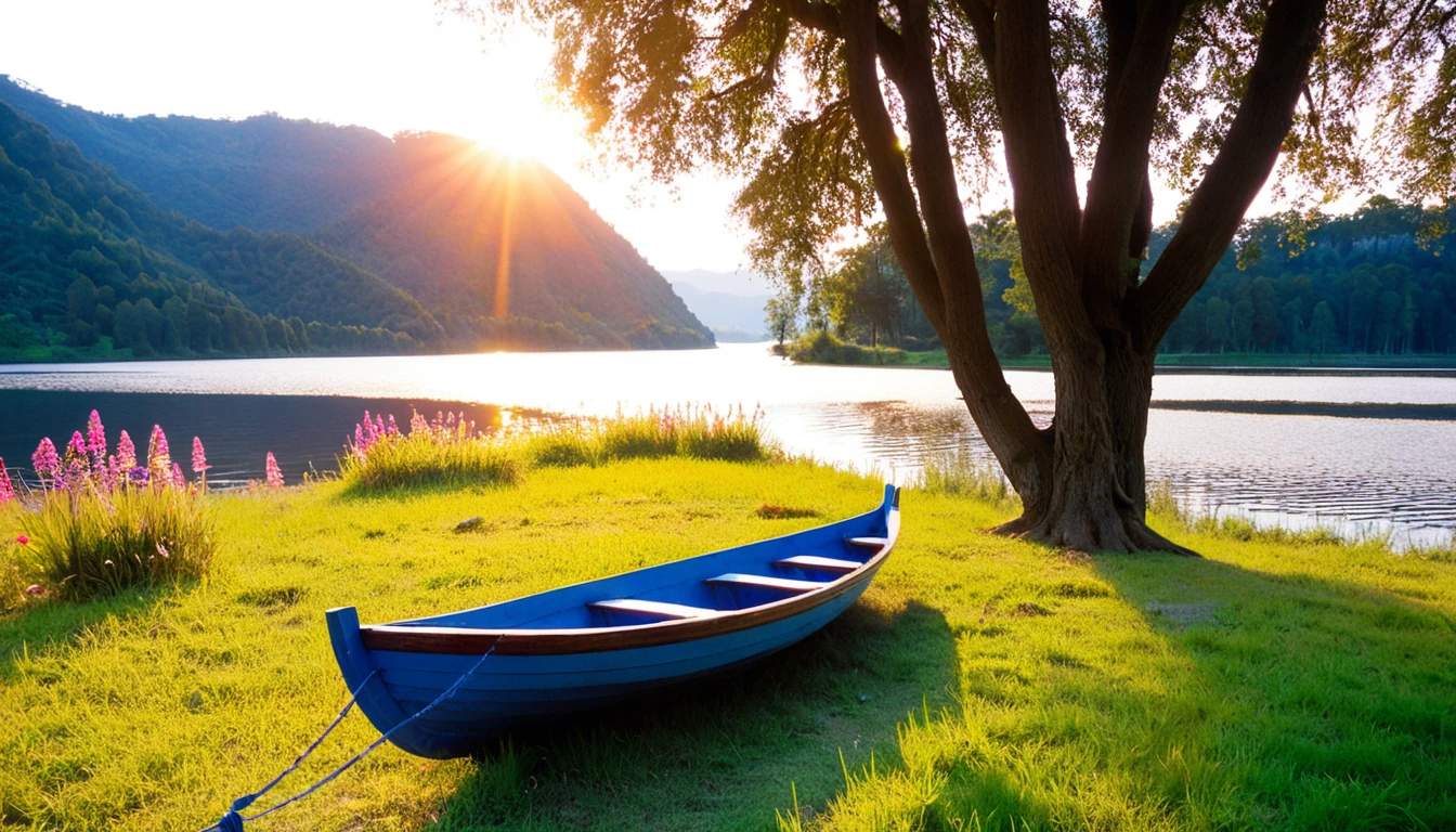 sight, nature, sky, outdoors, water, tree, grass, lake, flower, boat, sunlight, transport mode of transport, reflect, solo, river, female, forest, sunset, legendary scenery
