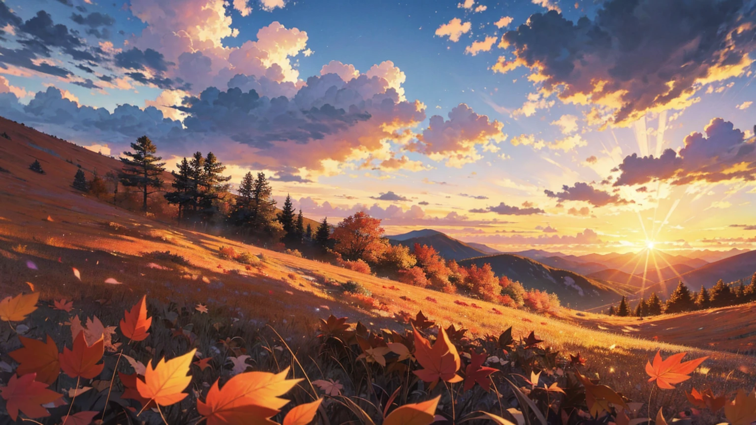 Realistically、View from the top of a small hill、Beautiful autumn leaves、Depth emphasis、Beautiful sunset、There are big clouds
