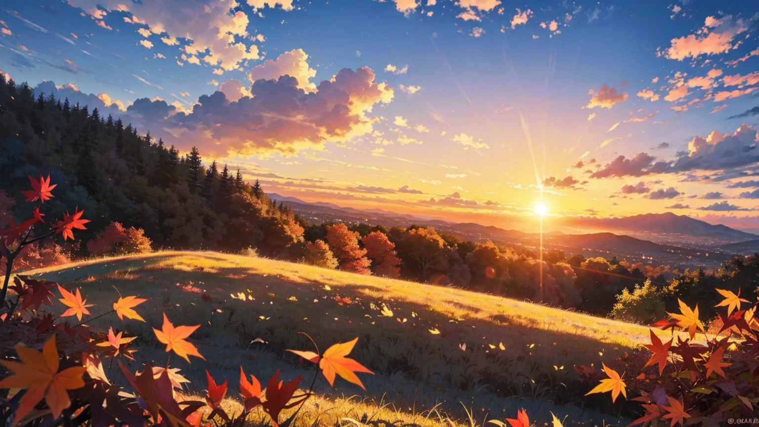 Realistically、View from the top of a small hill、Beautiful autumn leaves、Depth emphasis、Beautiful sunset、There are big clouds