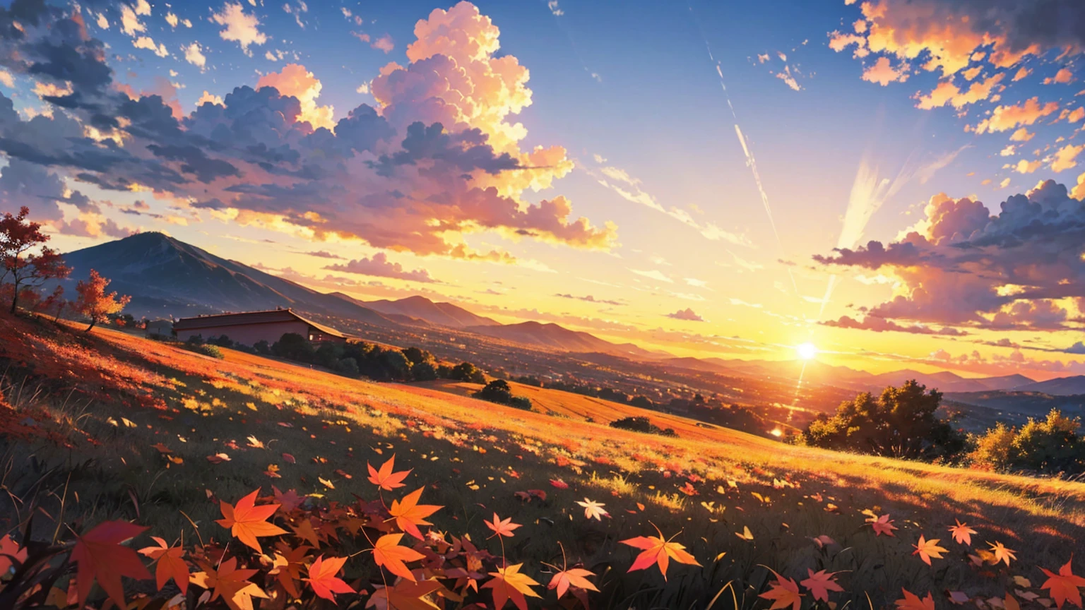 Realistically、View from the top of a small hill、Beautiful autumn leaves、Depth emphasis、Beautiful sunset、There are big clouds