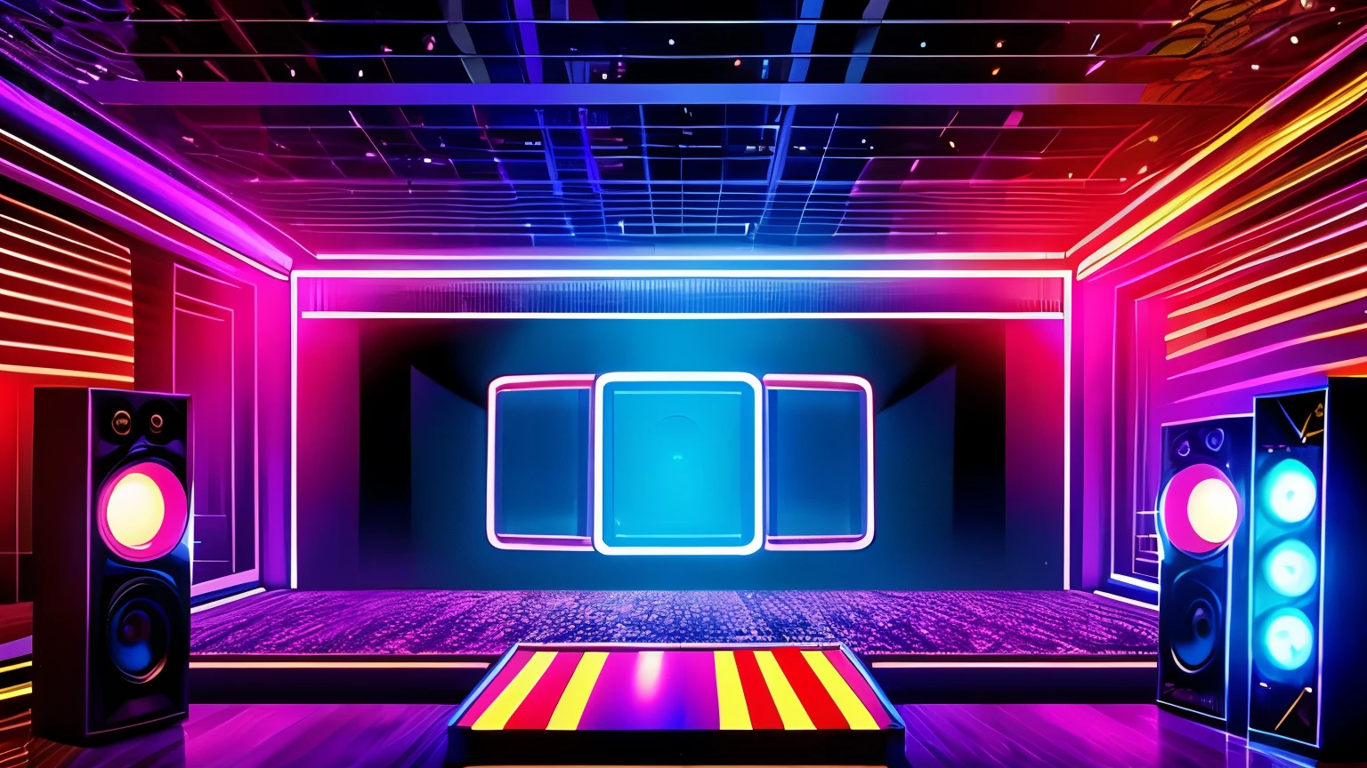 "Create a detailed 70s disco scene/80s in retro style, with mirror globes reflecting colored lights throughout the room. Huge speakers are strategically positioned, emanating a pulsating beat that fills the space with energy. Strobe lights flash to the beat of the music, creating a vibrant and electrifying atmosphere."

