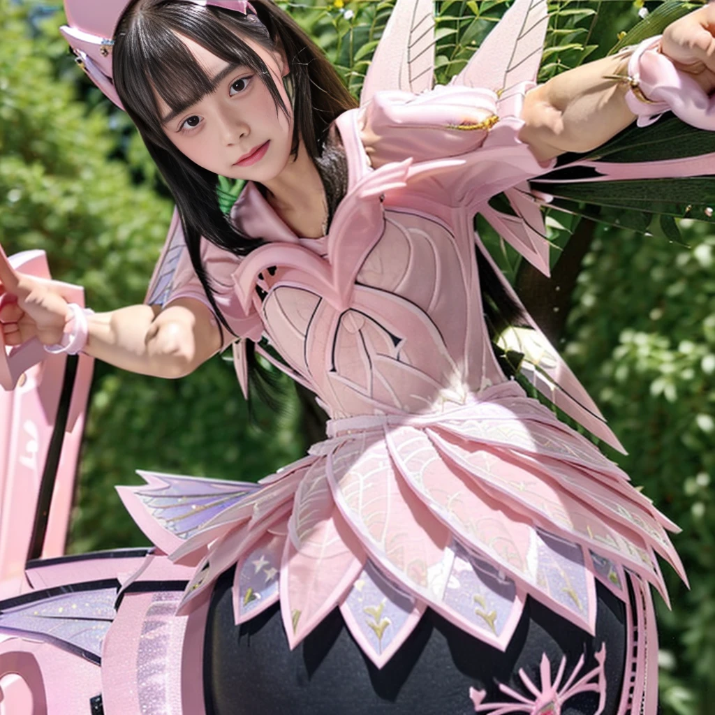 high quality, masterpiece, Very detailed, 8K, a 15 years old beautiful Japanese woman:1.5, Small face, blunt bangs, Black hair ponytail, ((Woman crucified on the cross:1.5, Breast Augmentation Surgery)), (Detailed pink magical girl heroine costume:1.5), remote_play, remote_Vibrate、　(climax:1.5)