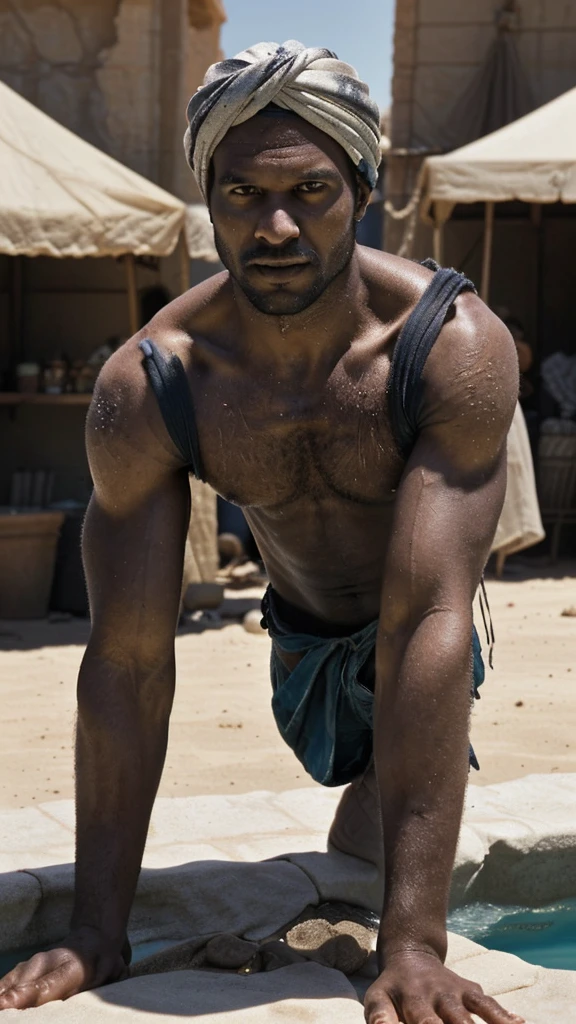 Julaibib, a 30-year-old man with a rugged face, dark skin, and a short, slightly bent body, stood out. Dressed in shabby clothes, a worn turban, and tattered fabric, he had uncovered, cracked feet. He bent over the edge of a small pool, drinking water with his rough hands. The background revealed a bustling desert marketplace at midday, highlighted with tenebrism lighting, cinematic quality, and captured in high-resolution, full shots from a front view camera.