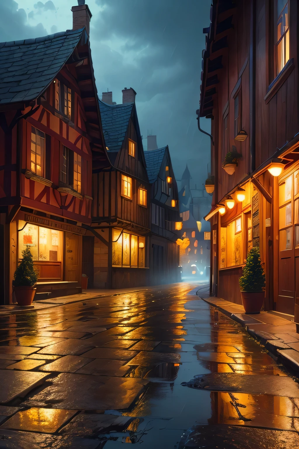 ((best qualityer)), ((work of art)), (detailded), an empty medieval city, there are no people on the streets, stone streets ,stone houses ,intense heavy rain night, dark lighting, few oil lanterns illuminate everything ,detailed shadows